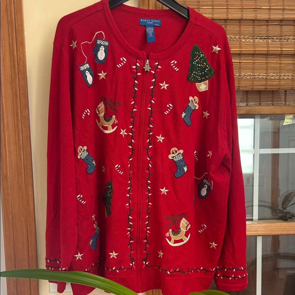 Karen Scott Festive Red Embroidered Cardigan